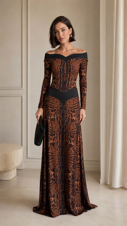 Front view of brown off-shoulder textured maxi evening dress with black contrast waist detail