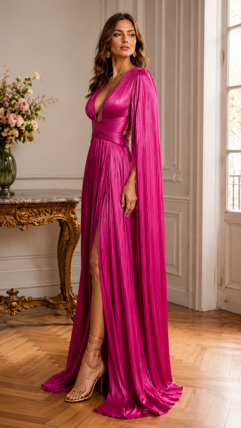 Side view of fuchsia pleated cape sleeve evening gown with deep V neckline