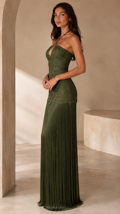 Side view of olive halter lace maxi dress with slim fit and long pleated hem