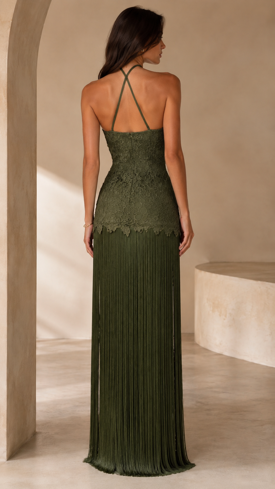 Back view of olive maxi dress with strappy halter back and pleated skirt