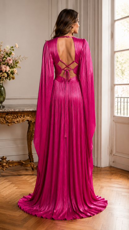 Back view of fuchsia pleated maxi gown with open back and lace-up detail