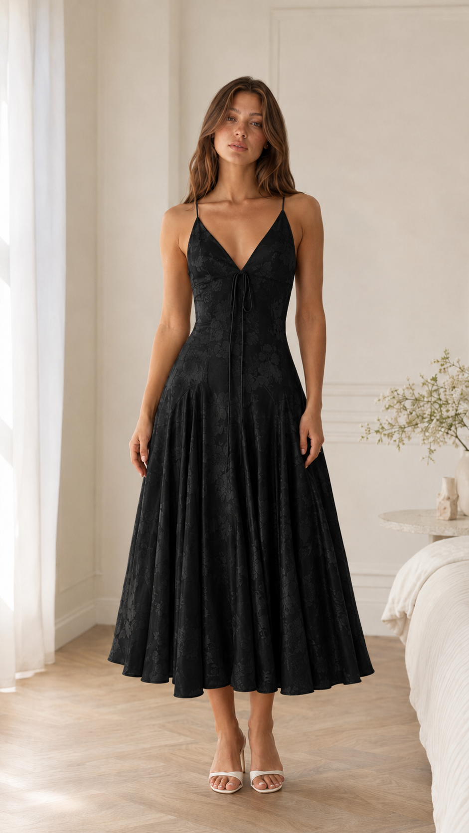 Black floral textured midi slip dress front view with V-neck and full skirt
