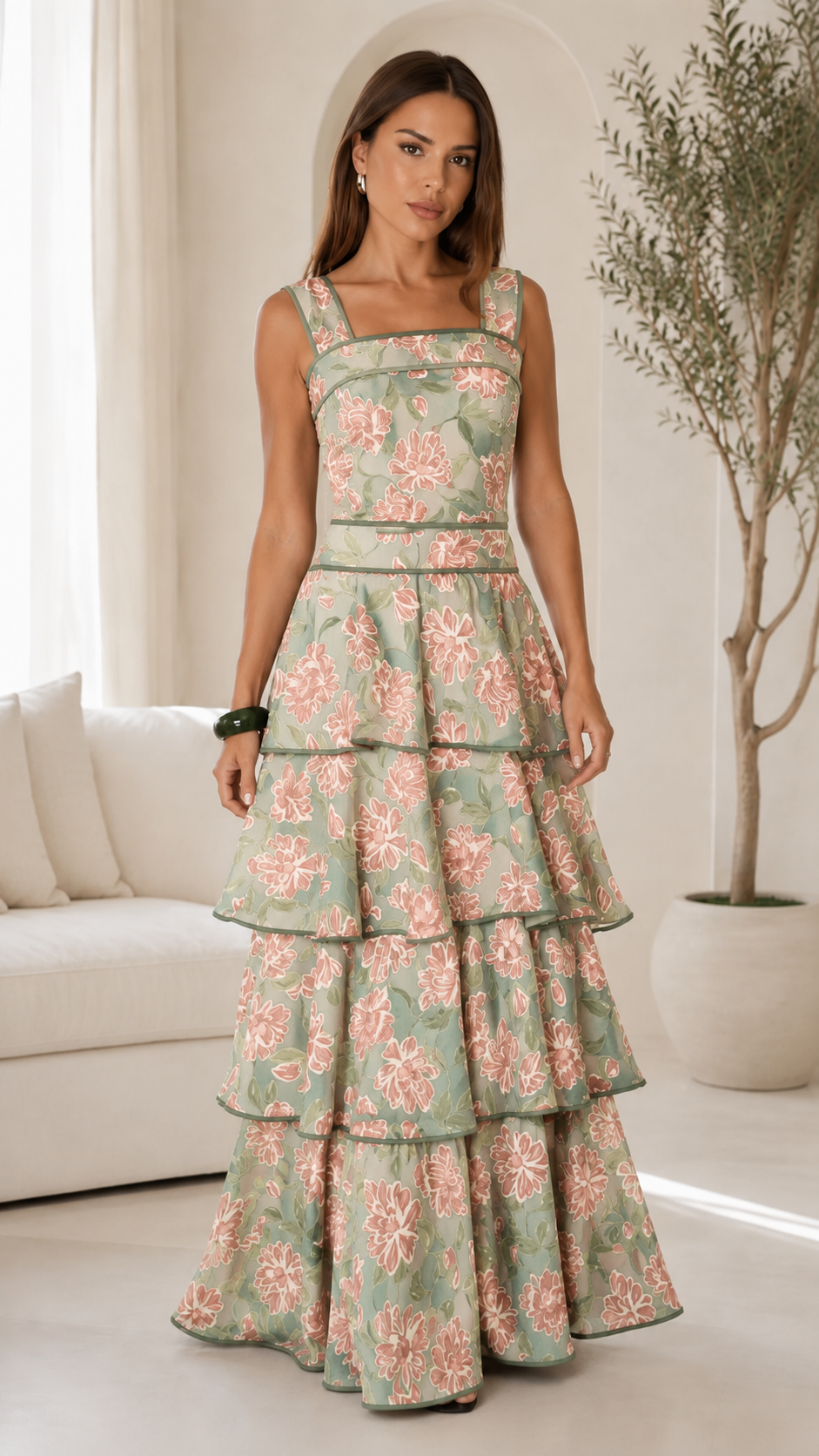 Front view of sage floral square neck tiered maxi dress