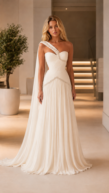 Ivory one-shoulder formal gown with draped shoulder detail and pleated maxi skirt
