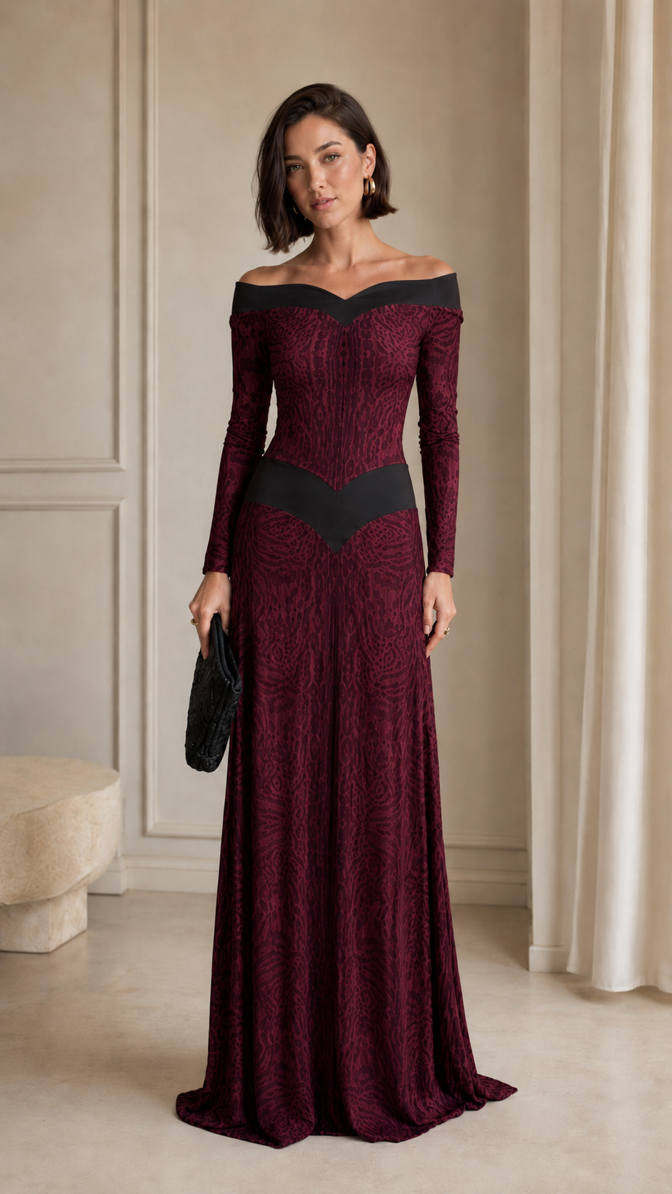 Front view of wine off-shoulder long-sleeve formal maxi dress