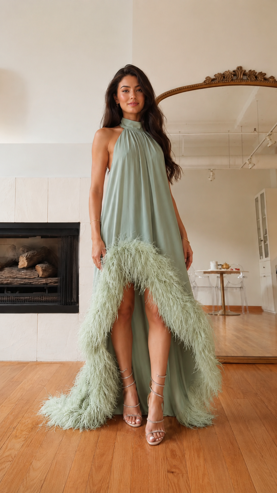 Sage green halter high-low maxi dress with feather trim front view