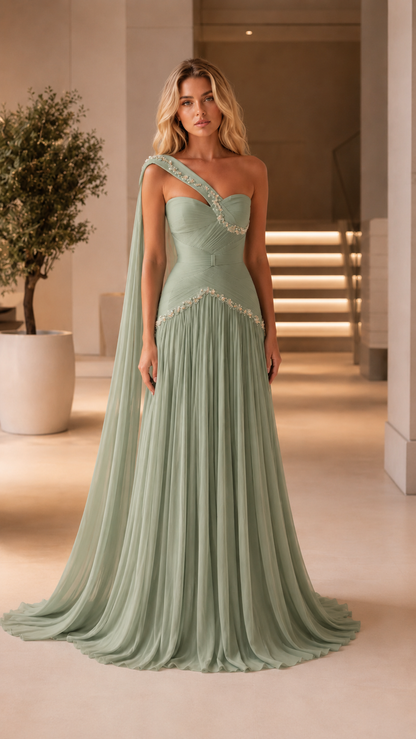 Sage green one-shoulder formal maxi gown with beaded trim and flowing drape