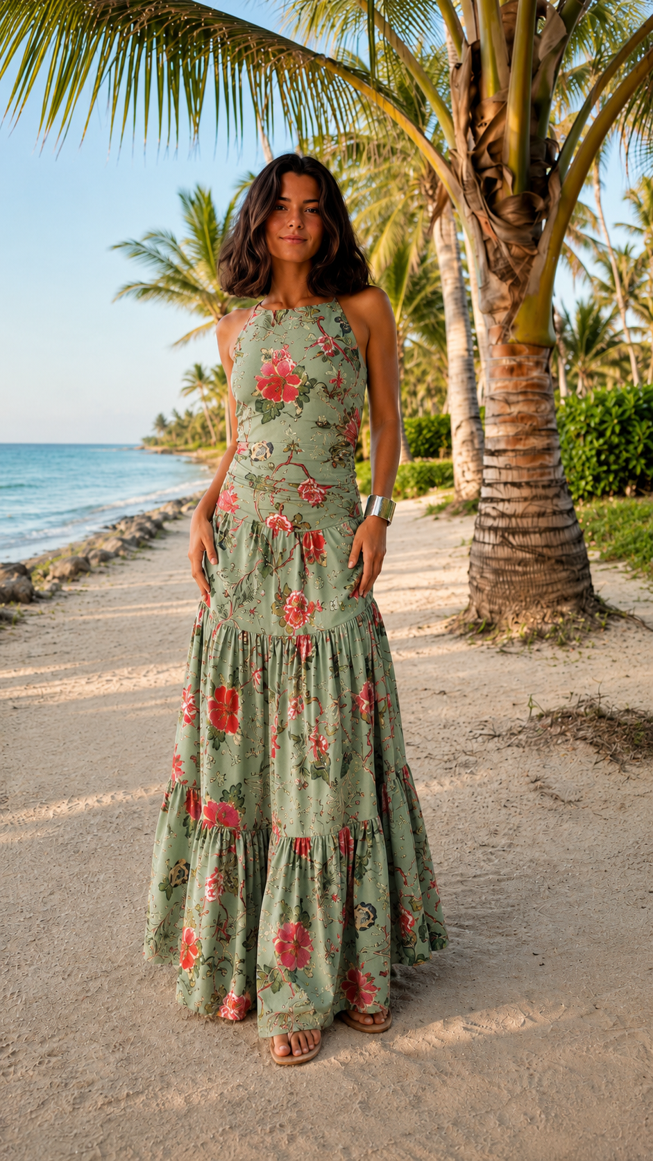 Front view of sage green floral tiered maxi dress with flowing skirt