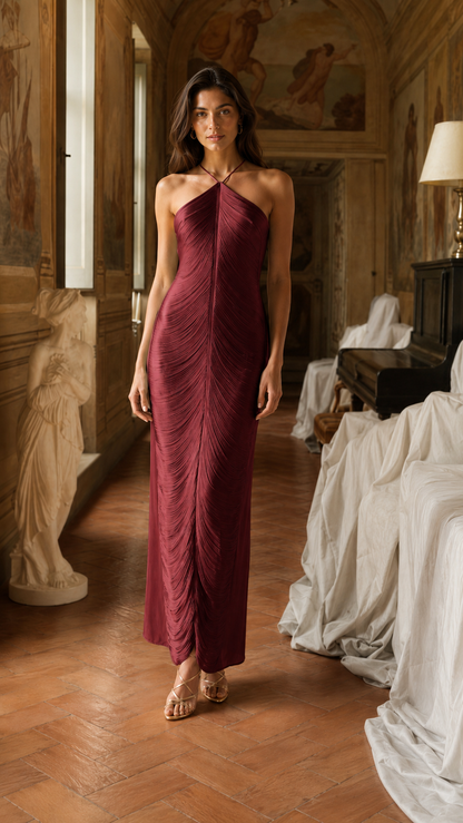 Front view of burgundy pleated halter maxi dress