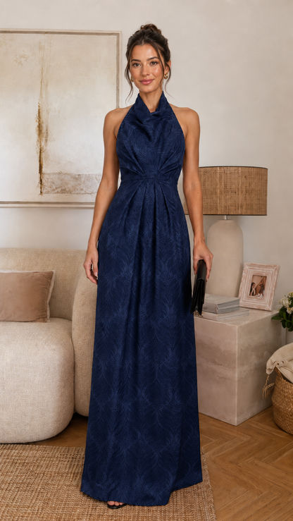 Front view of navy halter neck backless maxi evening dress