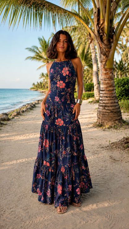Front view of navy floral tiered maxi dress with high neckline