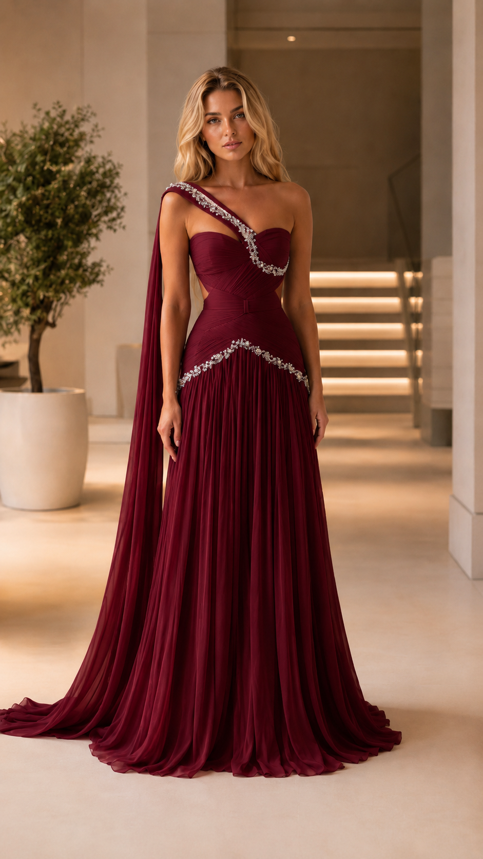 Burgundy one-shoulder pleated evening gown with embellished neckline and full-length hem